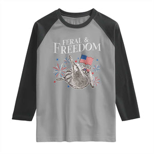 Funny Feral And Free Raglan Shirt 4th of July Patriotic Raccoon With American Flag TS11 Sport Gray Black Print Your Wear