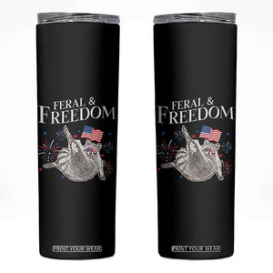 Funny Feral And Free Skinny Tumbler 4th of July Patriotic Raccoon With American Flag TS11 Black Print Your Wear