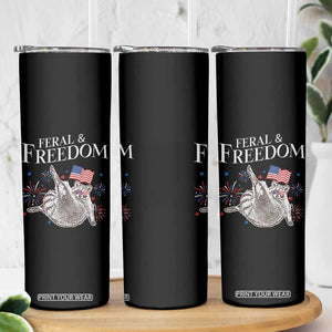 Funny Feral And Free Skinny Tumbler 4th of July Patriotic Raccoon With American Flag TS11 Print Your Wear