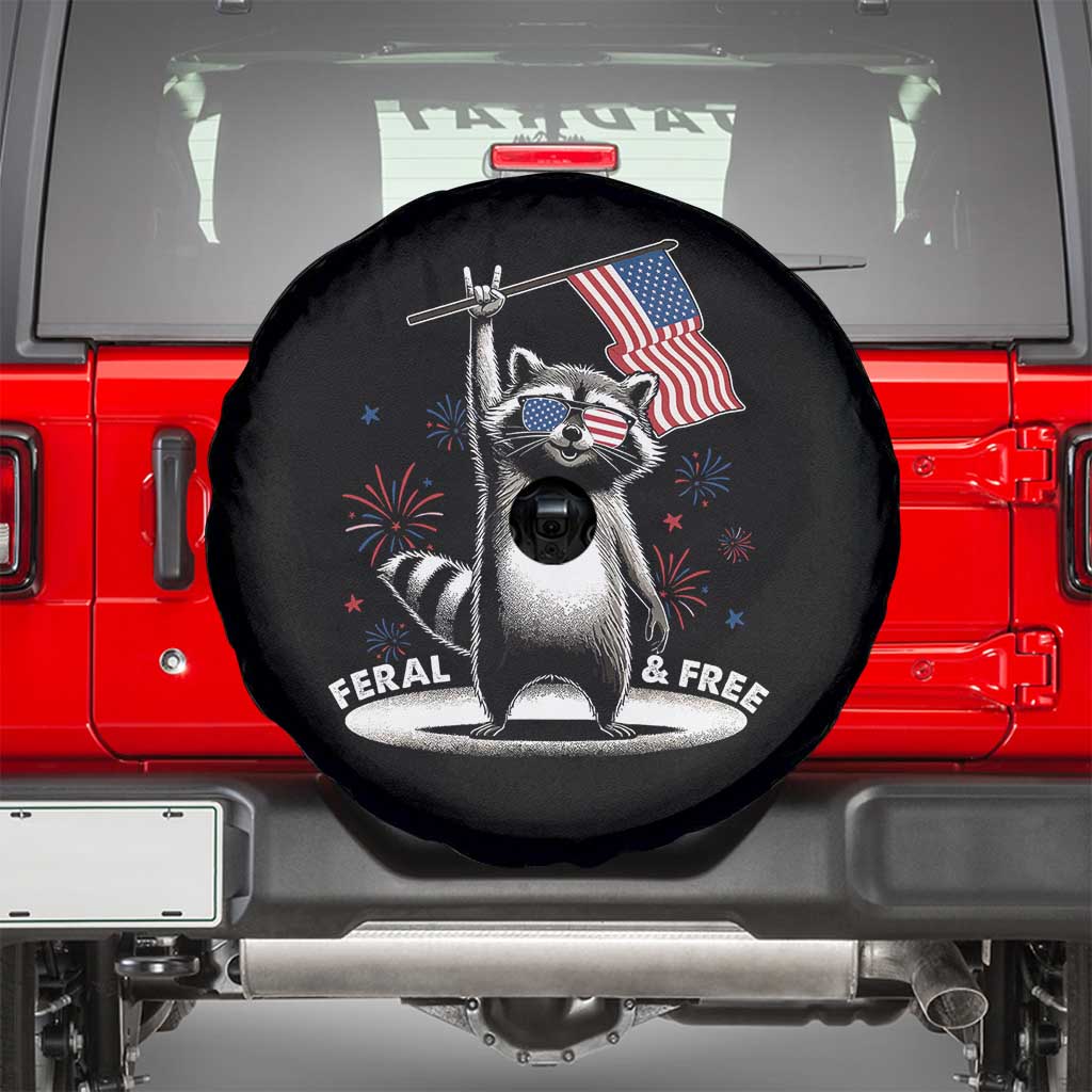 Funny Feral And Free Spare Tire Cover 4th of July Patriotic Raccoon With American Flag Fireworks TS11 Black Print Your Wear