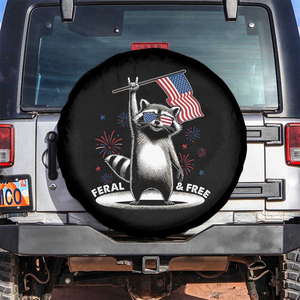 Funny Feral And Free Spare Tire Cover 4th of July Patriotic Raccoon With American Flag Fireworks TS11 No hole Black Print Your Wear