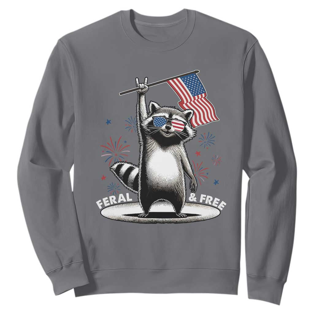 Funny Feral And Free Sweatshirt 4th of July Patriotic Raccoon With American Flag Fireworks TS11 Charcoal Print Your Wear