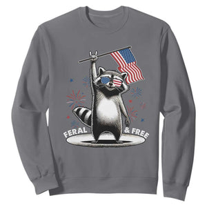 Funny Feral And Free Sweatshirt 4th of July Patriotic Raccoon With American Flag Fireworks TS11 Charcoal Print Your Wear