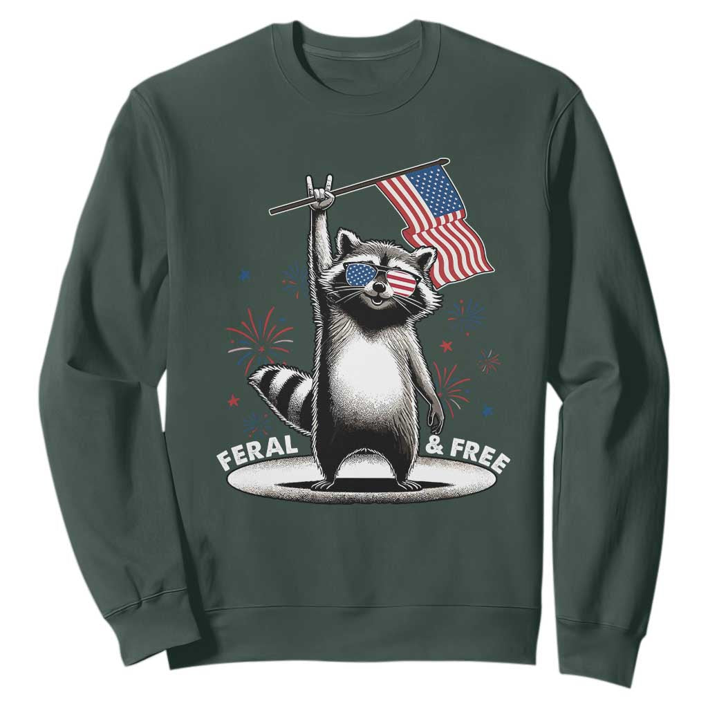 Funny Feral And Free Sweatshirt 4th of July Patriotic Raccoon With American Flag Fireworks TS11 Dark Forest Green Print Your Wear