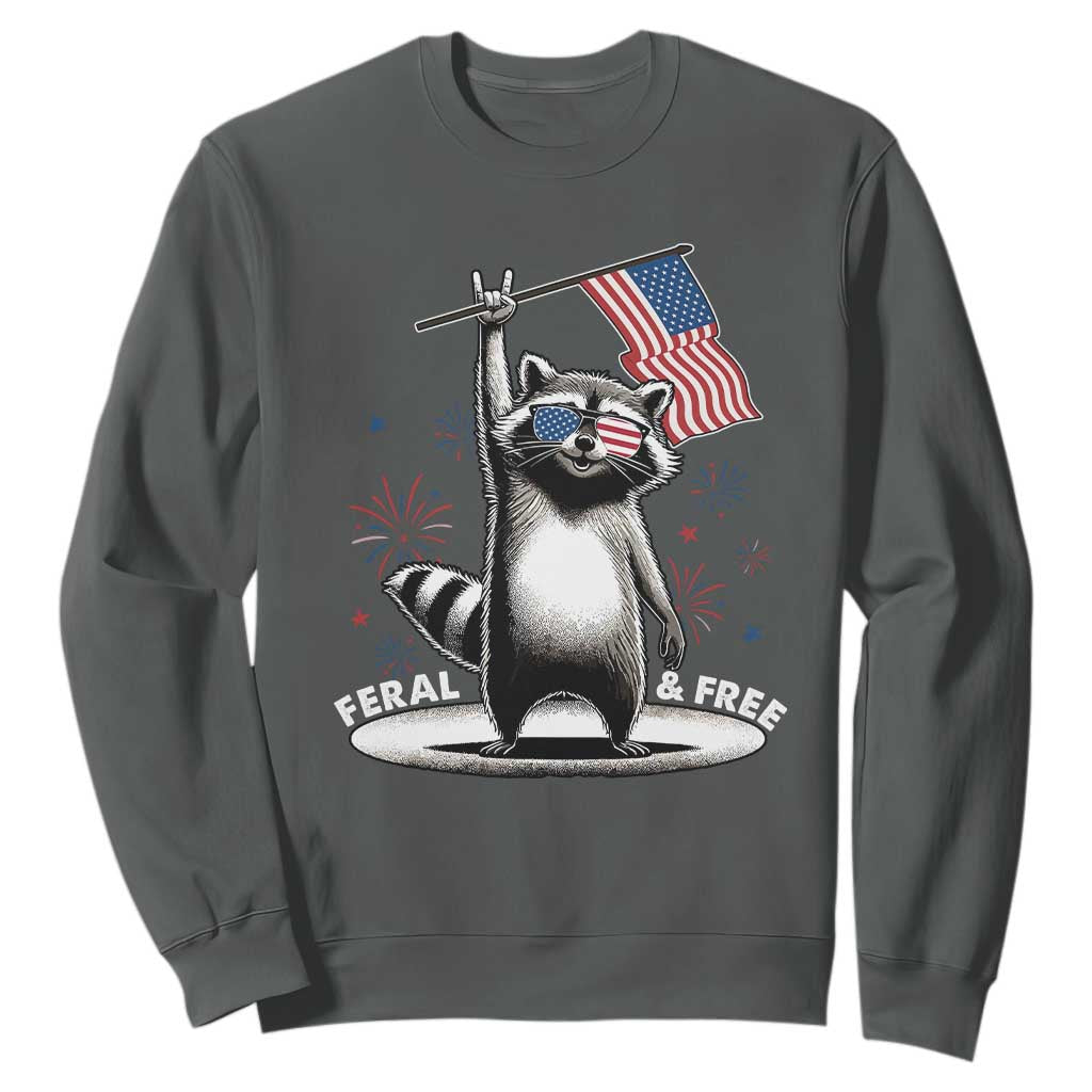 Funny Feral And Free Sweatshirt 4th of July Patriotic Raccoon With American Flag Fireworks TS11 Dark Heather Print Your Wear