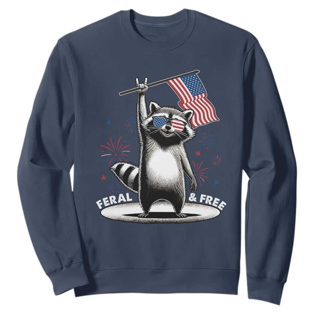 Funny Feral And Free Sweatshirt 4th of July Patriotic Raccoon With American Flag Fireworks TS11 Navy Print Your Wear