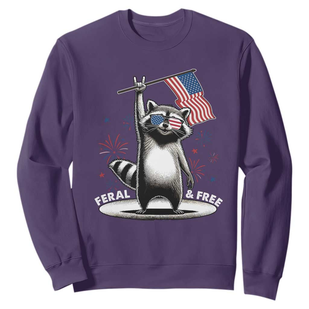 Funny Feral And Free Sweatshirt 4th of July Patriotic Raccoon With American Flag Fireworks TS11 Purple Print Your Wear