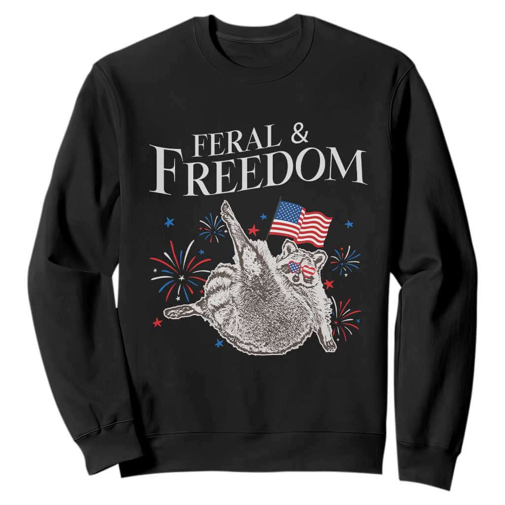 Funny Feral And Free Sweatshirt 4th of July Patriotic Raccoon With American Flag TS11 Black Print Your Wear