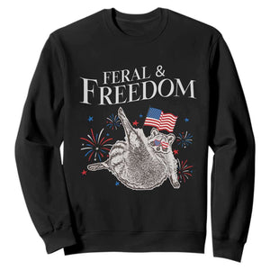 Funny Feral And Free Sweatshirt 4th of July Patriotic Raccoon With American Flag TS11 Black Print Your Wear