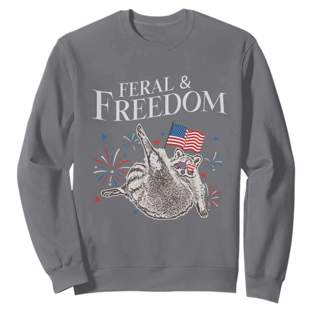 Funny Feral And Free Sweatshirt 4th of July Patriotic Raccoon With American Flag TS11 Charcoal Print Your Wear