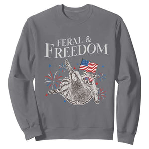 Funny Feral And Free Sweatshirt 4th of July Patriotic Raccoon With American Flag TS11 Charcoal Print Your Wear