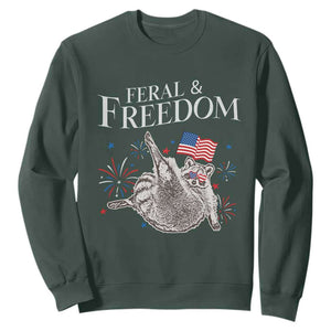Funny Feral And Free Sweatshirt 4th of July Patriotic Raccoon With American Flag TS11 Dark Forest Green Print Your Wear