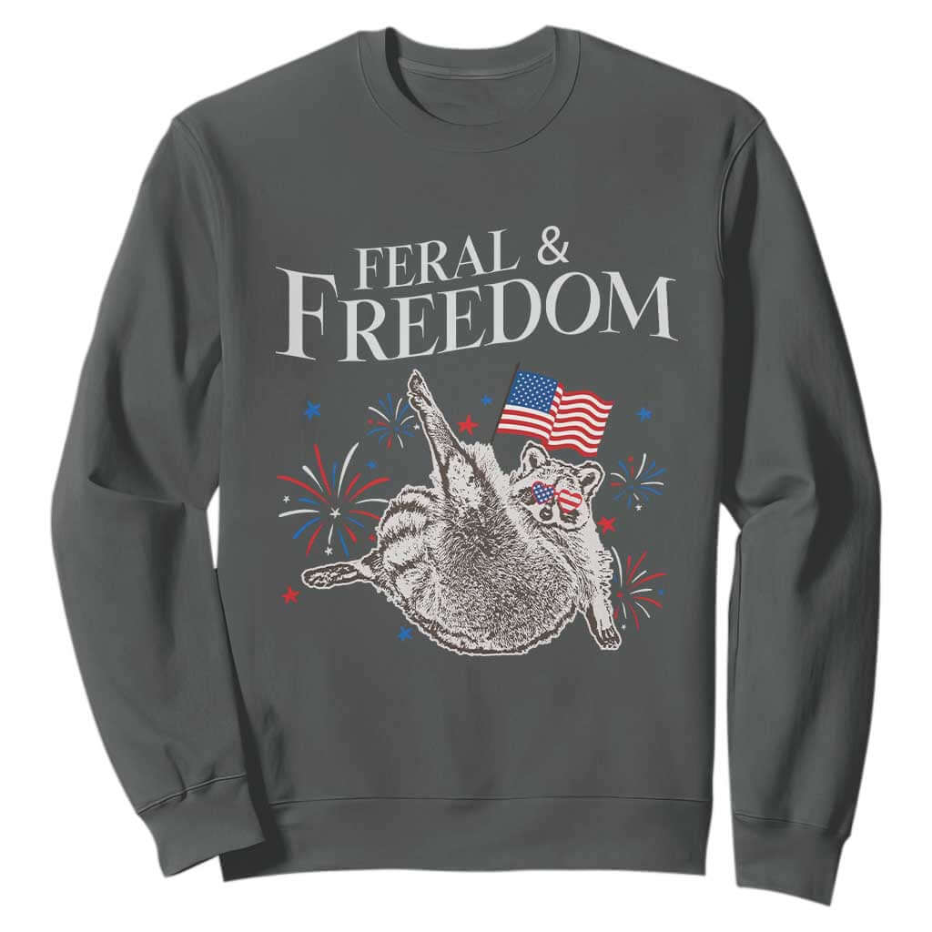 Funny Feral And Free Sweatshirt 4th of July Patriotic Raccoon With American Flag TS11 Dark Heather Print Your Wear
