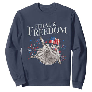 Funny Feral And Free Sweatshirt 4th of July Patriotic Raccoon With American Flag TS11 Navy Print Your Wear