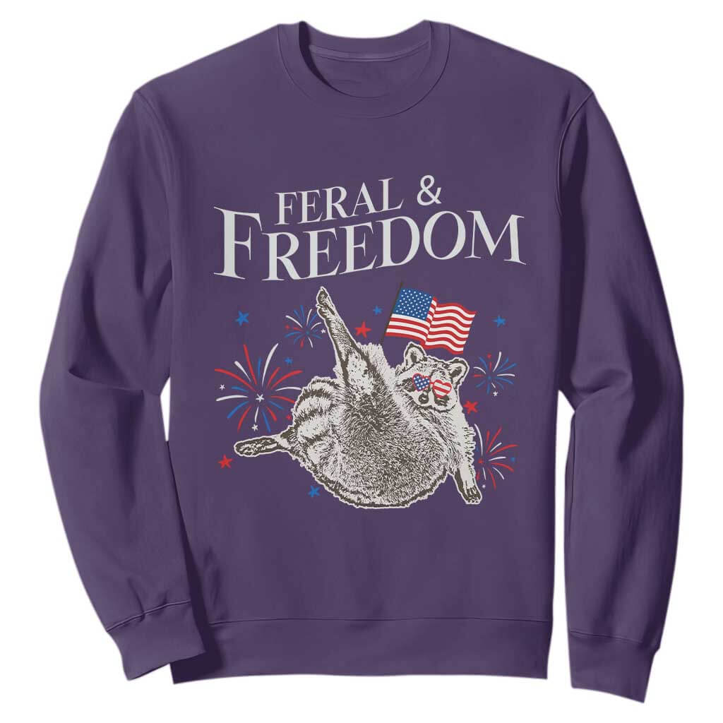 Funny Feral And Free Sweatshirt 4th of July Patriotic Raccoon With American Flag TS11 Purple Print Your Wear