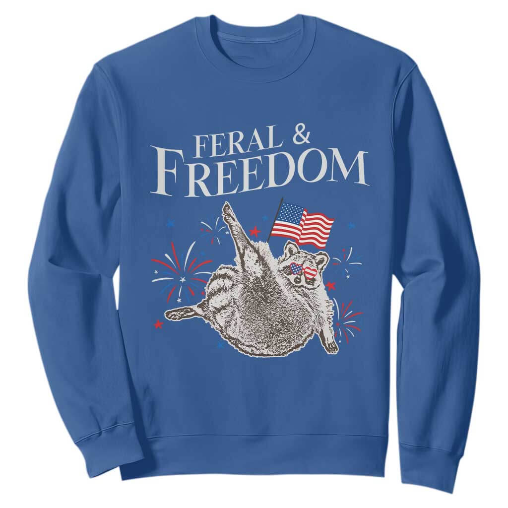 Funny Feral And Free Sweatshirt 4th of July Patriotic Raccoon With American Flag TS11 Royal Blue Print Your Wear
