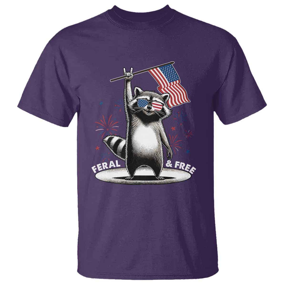 Funny Feral And Free T Shirt 4th of July Patriotic Raccoon With American Flag Fireworks TS11 Purple Print Your Wear
