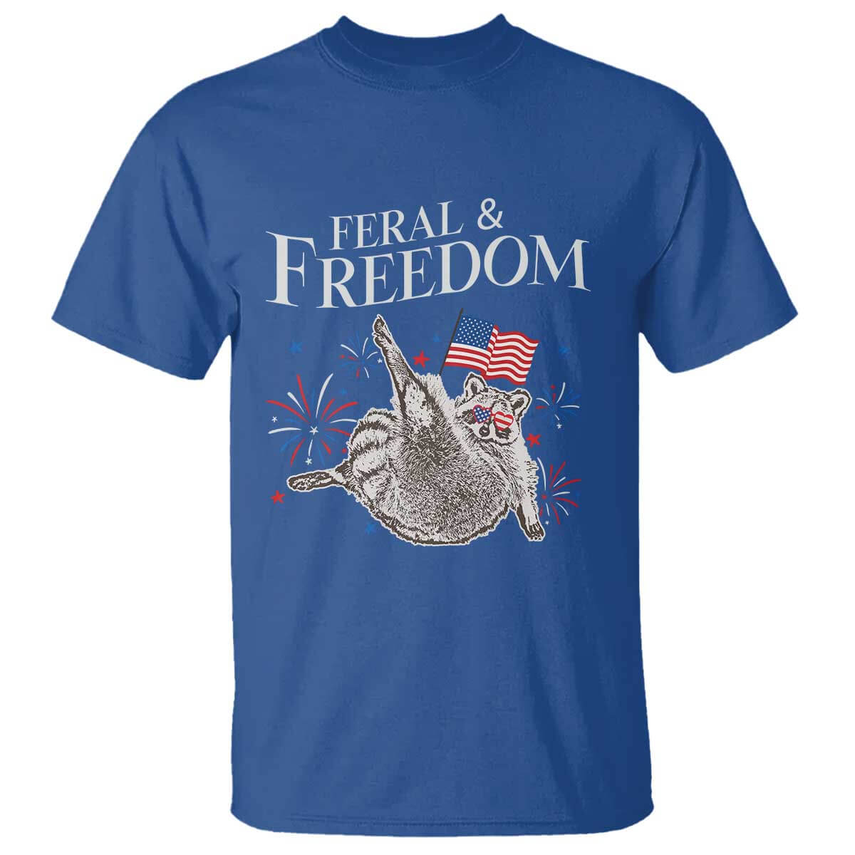 Funny Feral And Free T Shirt 4th of July Patriotic Raccoon With American Flag TS11 Royal Blue Print Your Wear