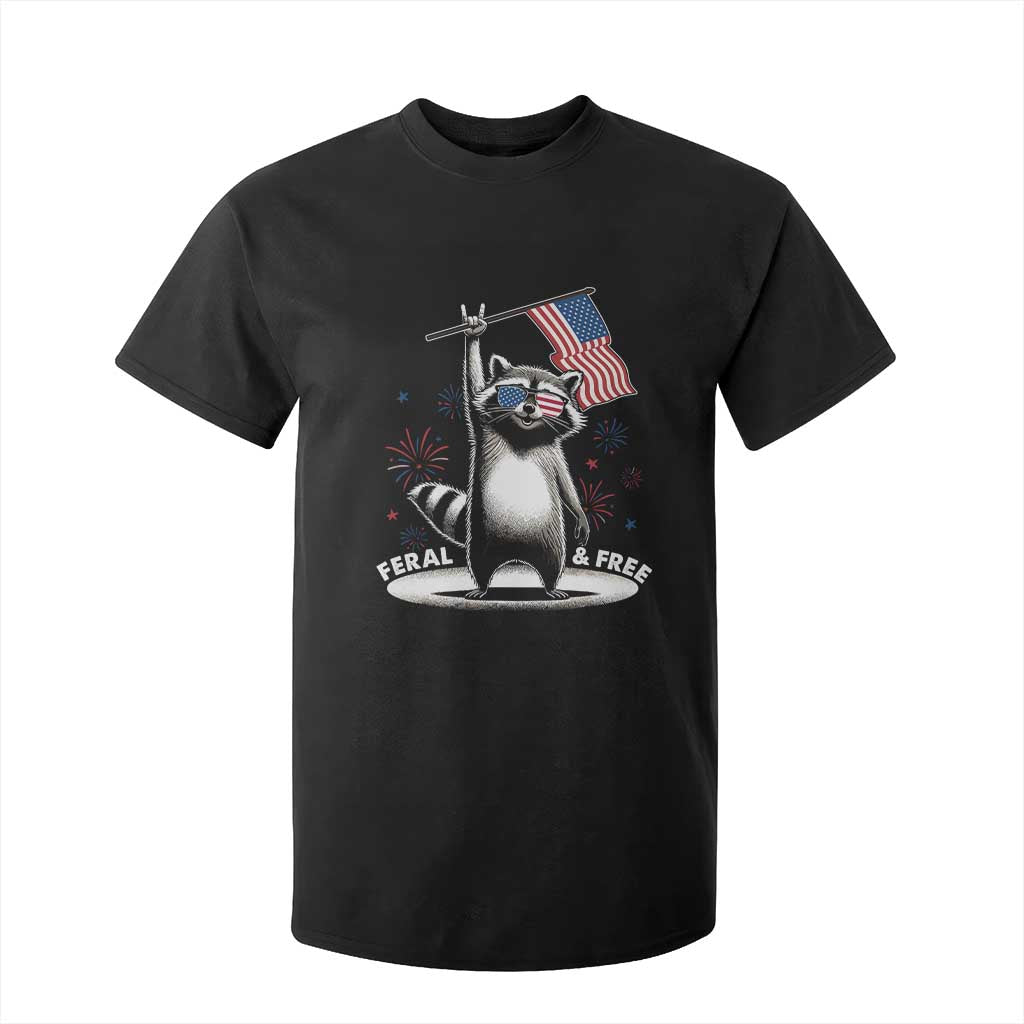 Funny Feral And Free T Shirt For Kid 4th of July Patriotic Raccoon With American Flag Fireworks TS11 Black Print Your Wear