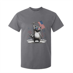 Funny Feral And Free T Shirt For Kid 4th of July Patriotic Raccoon With American Flag Fireworks TS11 Charcoal Print Your Wear