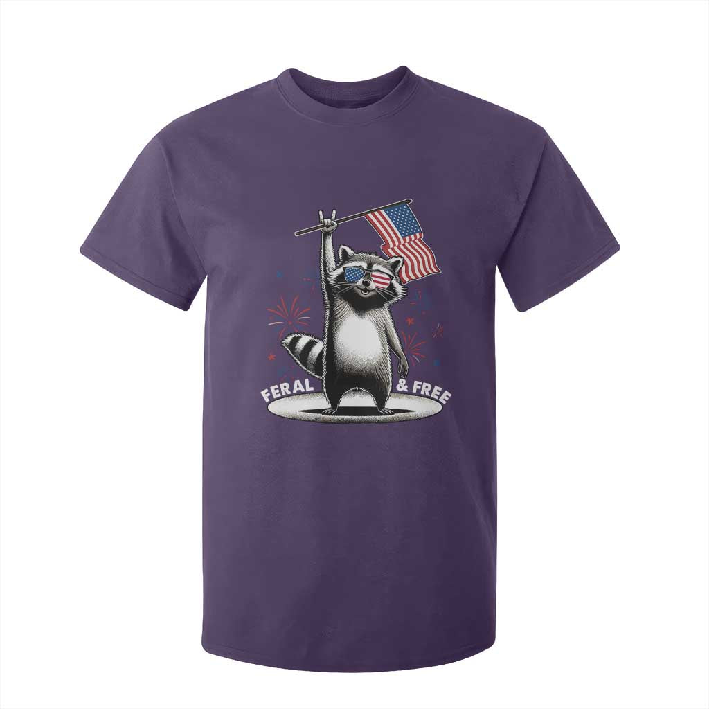 Funny Feral And Free T Shirt For Kid 4th of July Patriotic Raccoon With American Flag Fireworks TS11 Purple Print Your Wear