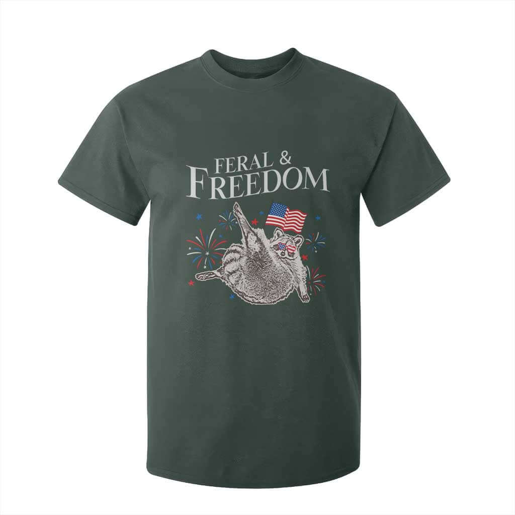 Funny Feral And Free T Shirt For Kid 4th of July Patriotic Raccoon With American Flag TS11 Dark Forest Green Print Your Wear