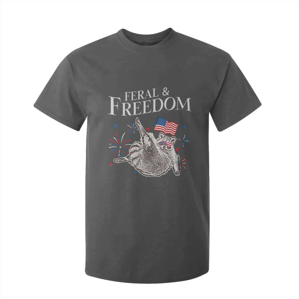Funny Feral And Free T Shirt For Kid 4th of July Patriotic Raccoon With American Flag TS11 Dark Heather Print Your Wear