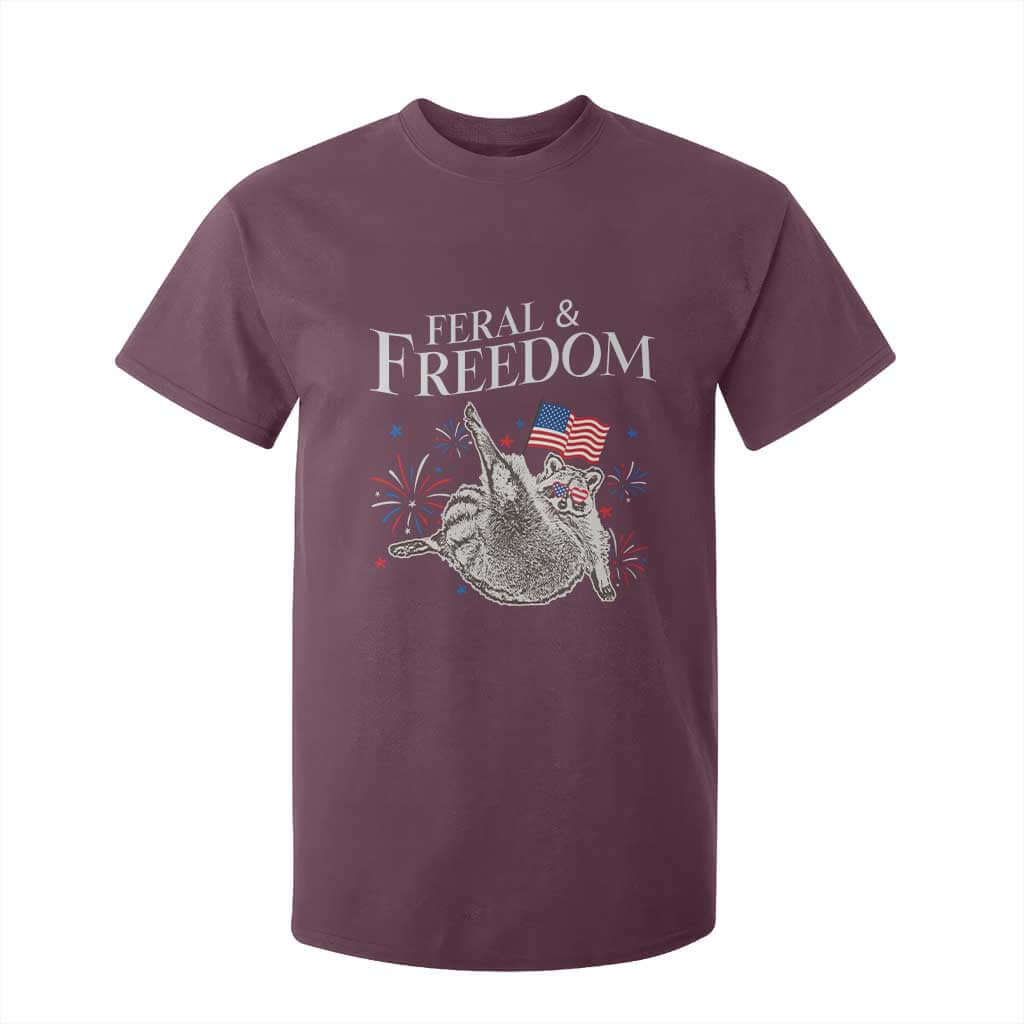 Funny Feral And Free T Shirt For Kid 4th of July Patriotic Raccoon With American Flag TS11 Maroon Print Your Wear