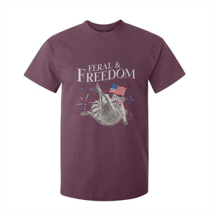 Funny Feral And Free T Shirt For Kid 4th of July Patriotic Raccoon With American Flag TS11 Maroon Print Your Wear
