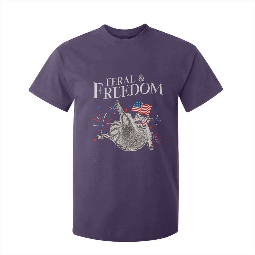 Funny Feral And Free T Shirt For Kid 4th of July Patriotic Raccoon With American Flag TS11 Purple Print Your Wear