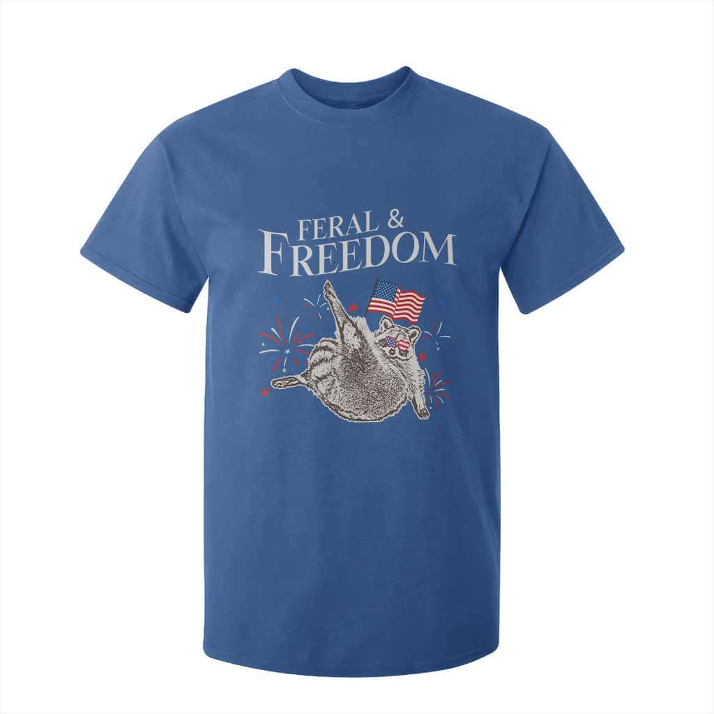 Funny Feral And Free T Shirt For Kid 4th of July Patriotic Raccoon With American Flag TS11 Royal Blue Print Your Wear