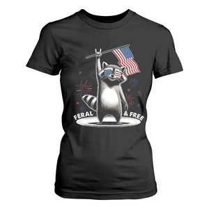 Funny Feral And Free T Shirt For Women 4th of July Patriotic Raccoon With American Flag Fireworks TS11 Black Print Your Wear