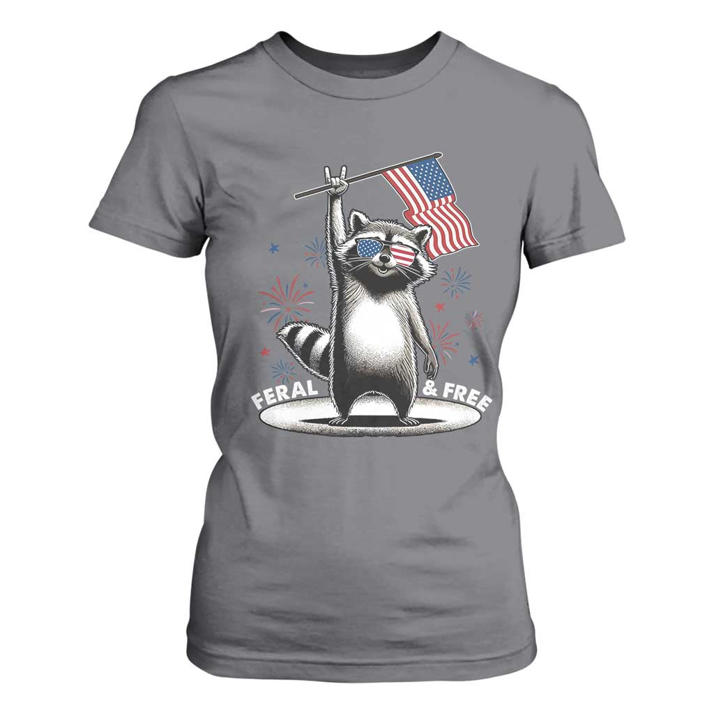 Funny Feral And Free T Shirt For Women 4th of July Patriotic Raccoon With American Flag Fireworks TS11 Charcoal Print Your Wear