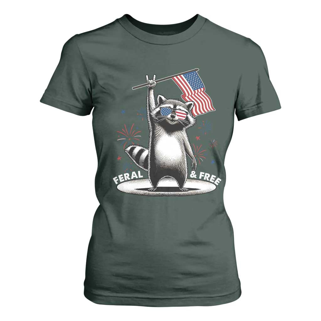 Funny Feral And Free T Shirt For Women 4th of July Patriotic Raccoon With American Flag Fireworks TS11 Dark Forest Green Print Your Wear