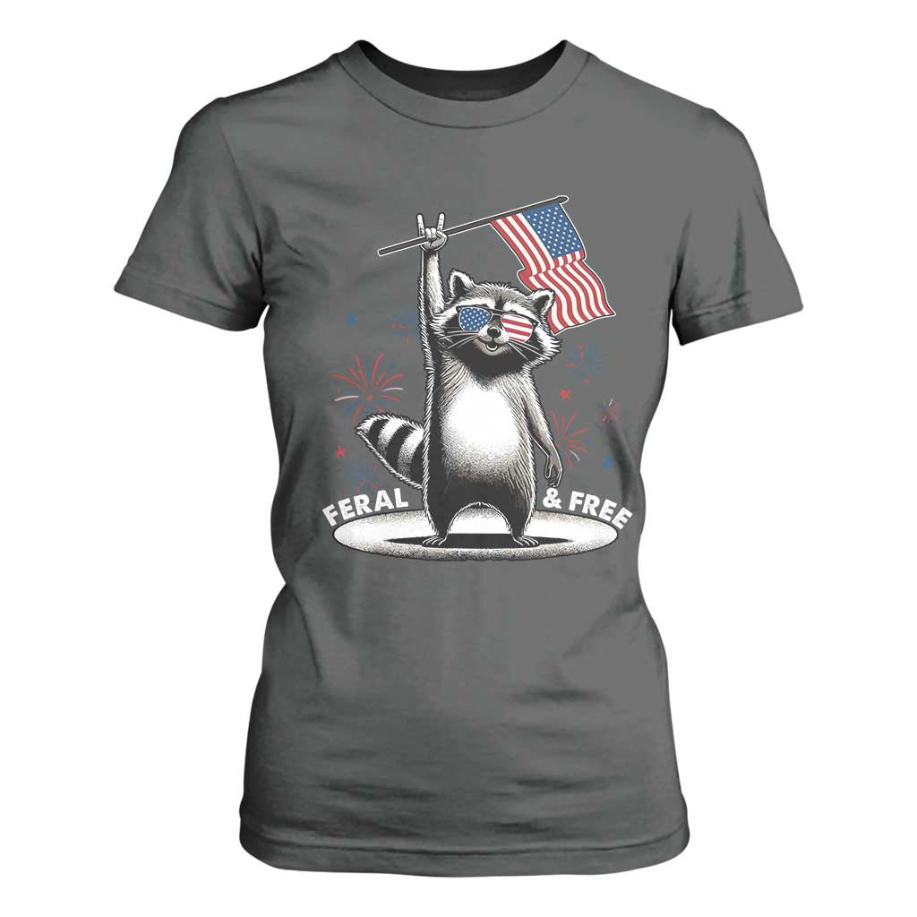 Funny Feral And Free T Shirt For Women 4th of July Patriotic Raccoon With American Flag Fireworks TS11 Dark Heather Print Your Wear