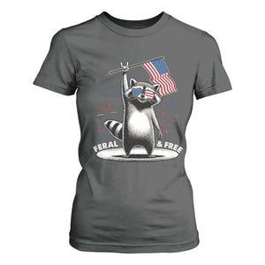 Funny Feral And Free T Shirt For Women 4th of July Patriotic Raccoon With American Flag Fireworks TS11 Dark Heather Print Your Wear