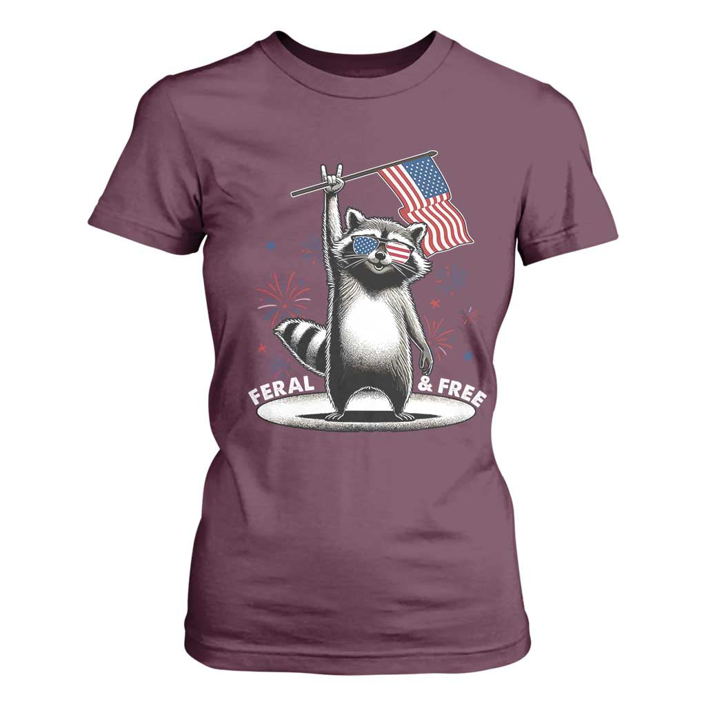 Funny Feral And Free T Shirt For Women 4th of July Patriotic Raccoon With American Flag Fireworks TS11 Maroon Print Your Wear