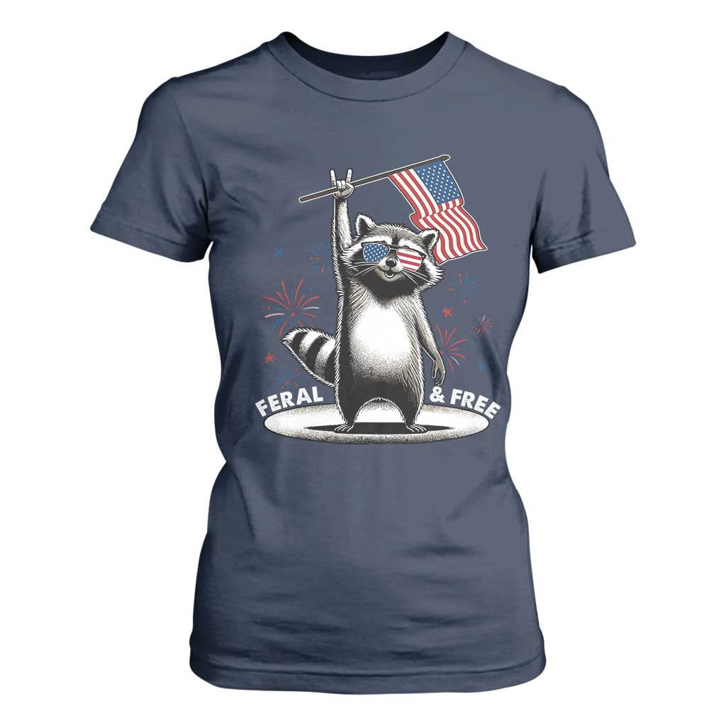 Funny Feral And Free T Shirt For Women 4th of July Patriotic Raccoon With American Flag Fireworks TS11 Navy Print Your Wear