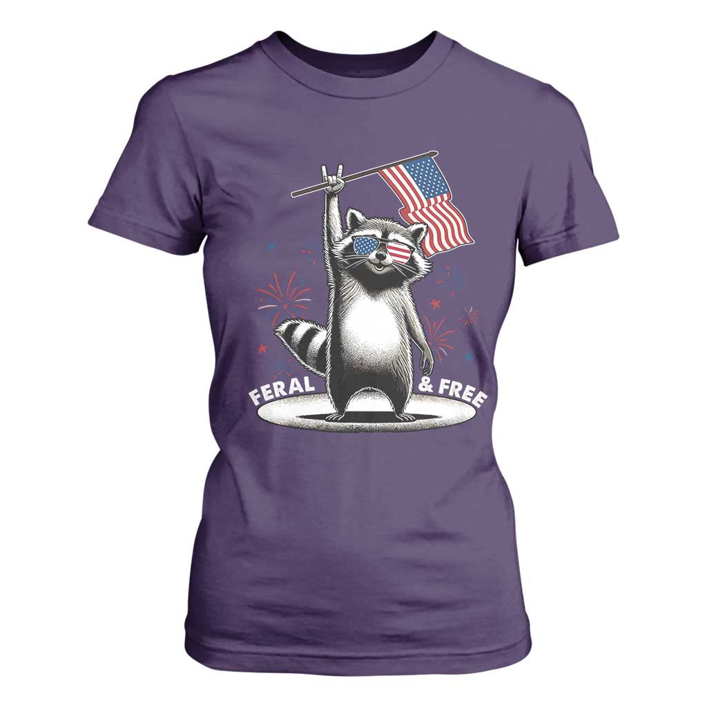 Funny Feral And Free T Shirt For Women 4th of July Patriotic Raccoon With American Flag Fireworks TS11 Purple Print Your Wear