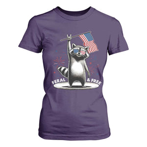Funny Feral And Free T Shirt For Women 4th of July Patriotic Raccoon With American Flag Fireworks TS11 Purple Print Your Wear