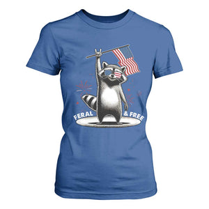 Funny Feral And Free T Shirt For Women 4th of July Patriotic Raccoon With American Flag Fireworks TS11 Royal Blue Print Your Wear