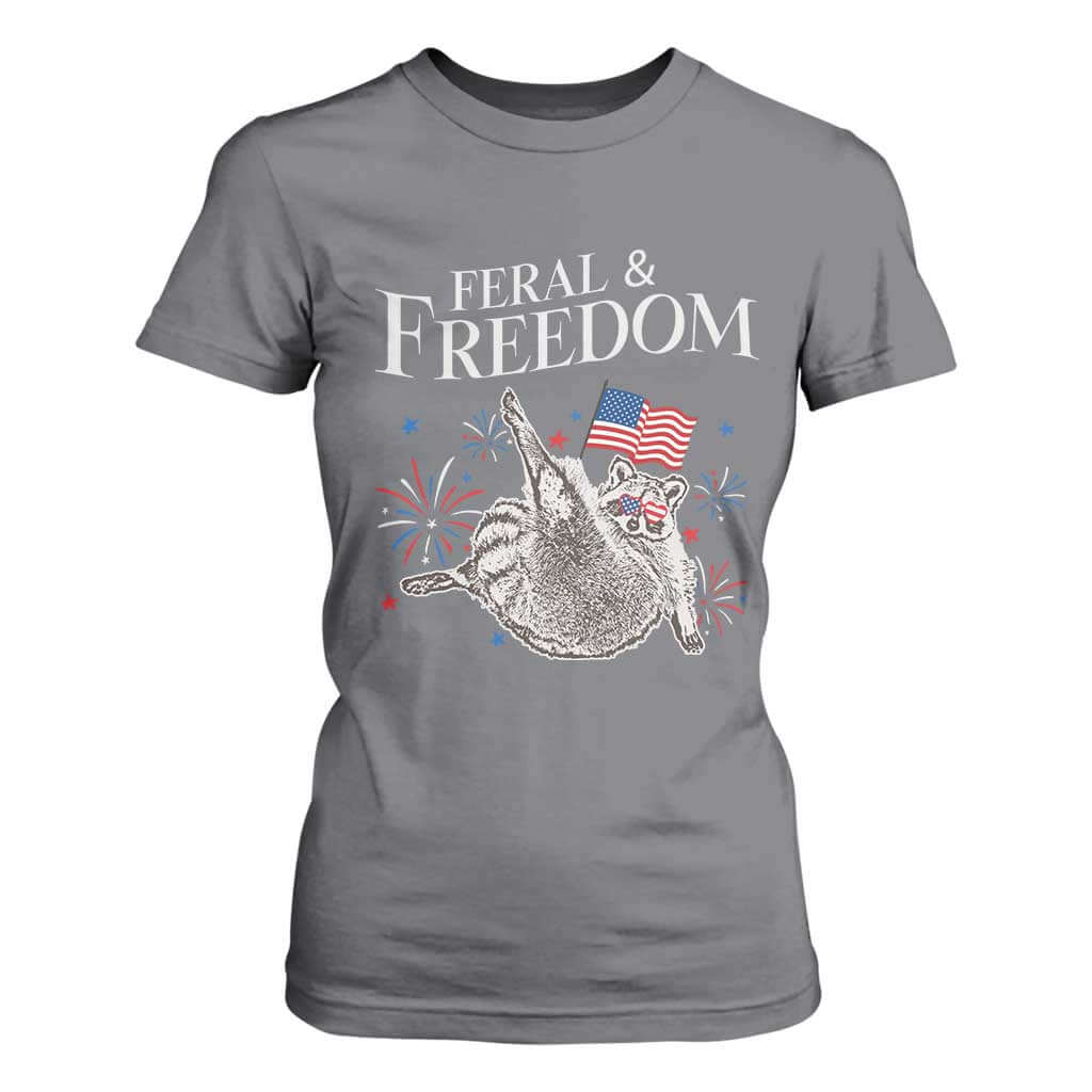Funny Feral And Free T Shirt For Women 4th of July Patriotic Raccoon With American Flag TS11 Charcoal Print Your Wear
