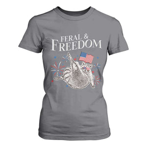 Funny Feral And Free T Shirt For Women 4th of July Patriotic Raccoon With American Flag TS11 Charcoal Print Your Wear