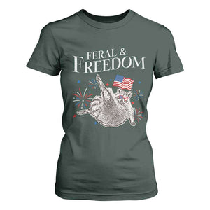 Funny Feral And Free T Shirt For Women 4th of July Patriotic Raccoon With American Flag TS11 Dark Forest Green Print Your Wear