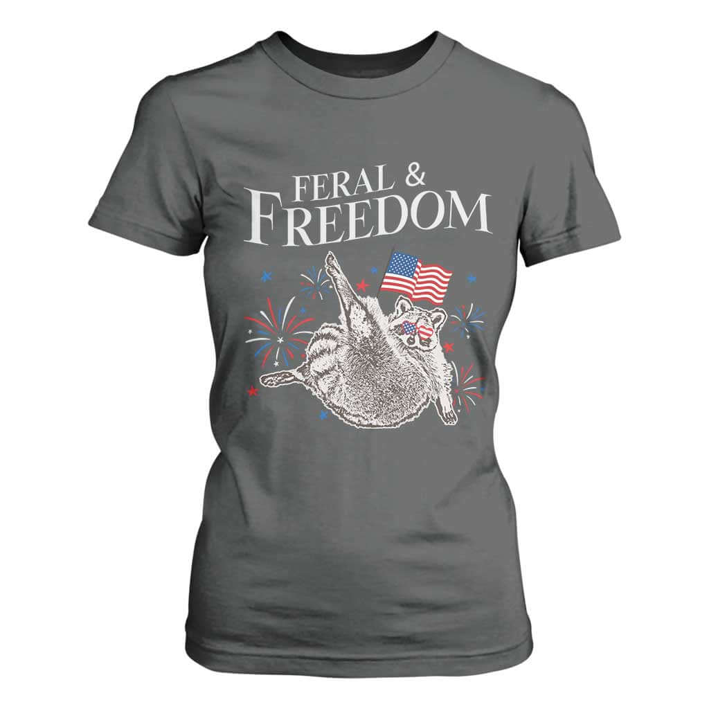 Funny Feral And Free T Shirt For Women 4th of July Patriotic Raccoon With American Flag TS11 Dark Heather Print Your Wear