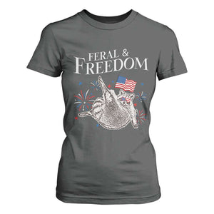 Funny Feral And Free T Shirt For Women 4th of July Patriotic Raccoon With American Flag TS11 Dark Heather Print Your Wear