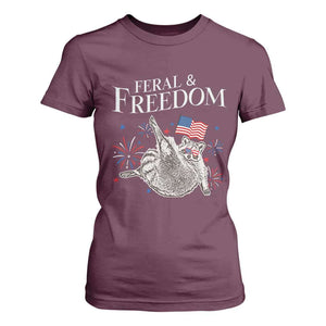 Funny Feral And Free T Shirt For Women 4th of July Patriotic Raccoon With American Flag TS11 Maroon Print Your Wear