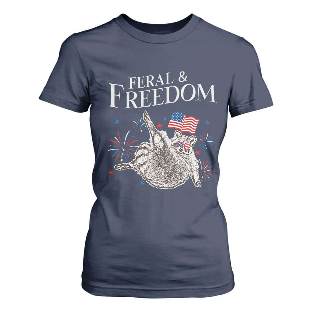 Funny Feral And Free T Shirt For Women 4th of July Patriotic Raccoon With American Flag TS11 Navy Print Your Wear