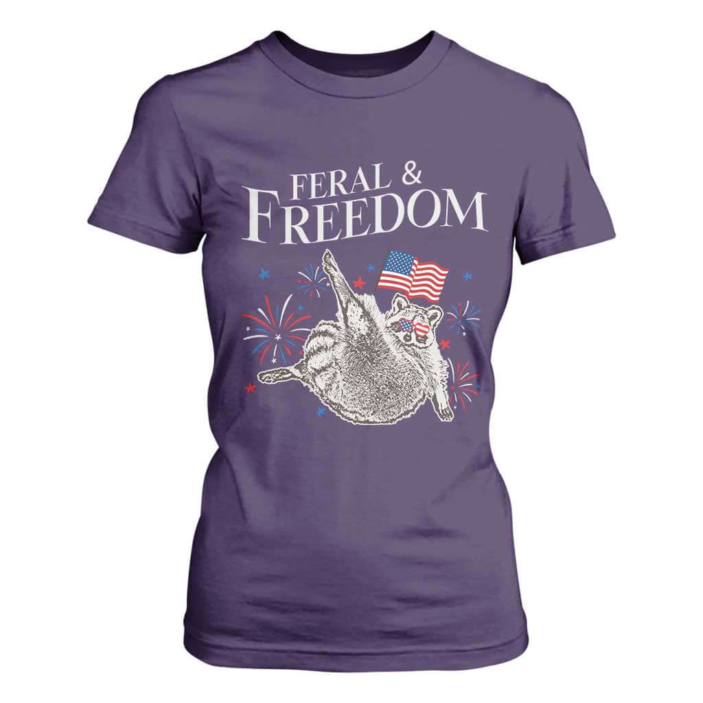Funny Feral And Free T Shirt For Women 4th of July Patriotic Raccoon With American Flag TS11 Purple Print Your Wear