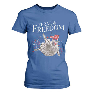 Funny Feral And Free T Shirt For Women 4th of July Patriotic Raccoon With American Flag TS11 Royal Blue Print Your Wear